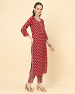 Thumbnail for Varanga Women Red Viscose Rayon Printed Regular Kurta With Trousers & Dupatta - Distacart