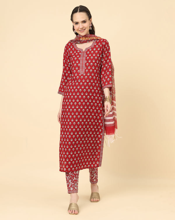 Varanga Women Red Viscose Rayon Printed Regular Kurta With Trousers & Dupatta - Distacart