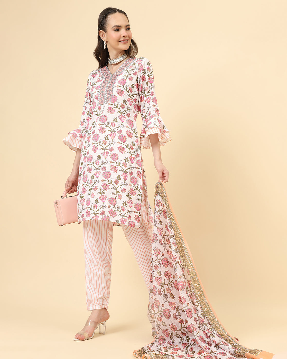 Varanga Women White Viscose Rayon Printed Regular Kurta With Trousers & Dupatta - Distacart
