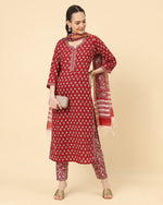 Thumbnail for Varanga Women Red Viscose Rayon Printed Regular Kurta With Trousers & Dupatta - Distacart