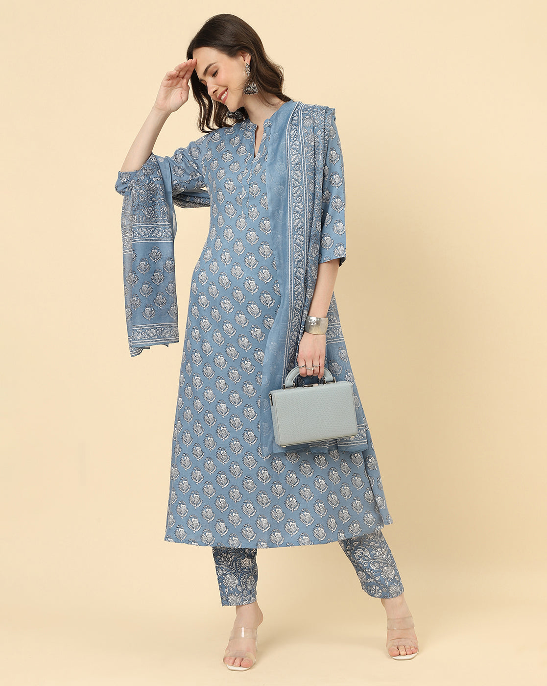 Varanga Women Beige Viscose Rayon Printed Regular Kurta With Trousers & Dupatta - Distacart