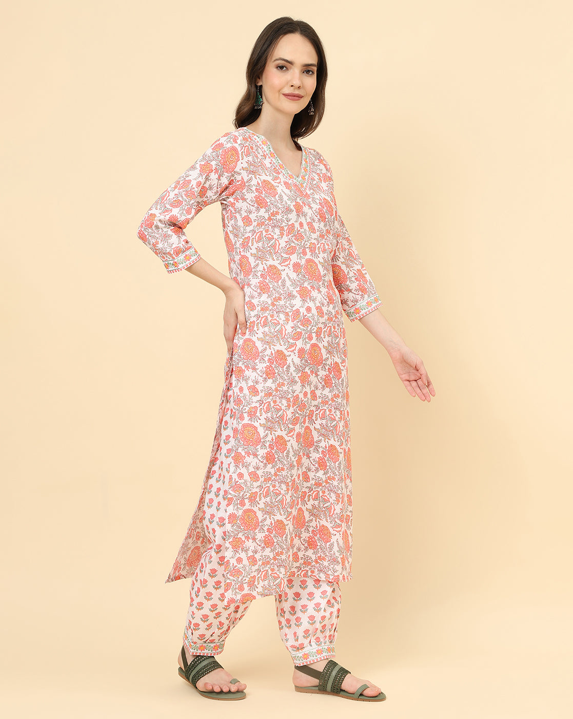 Varanga Women Pink Viscose Rayon Printed Regular Kurta With Trousers & Dupatta - Distacart