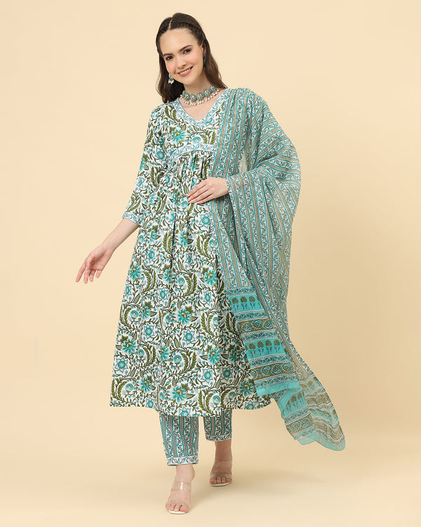 Varanga Women White Viscose Rayon Printed Regular Kurta With Trousers & Dupatta - Distacart