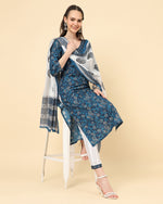 Thumbnail for Varanga Women Navy Blue Viscose Rayon Printed Regular Kurta With Trousers & Dupatta - Distacart