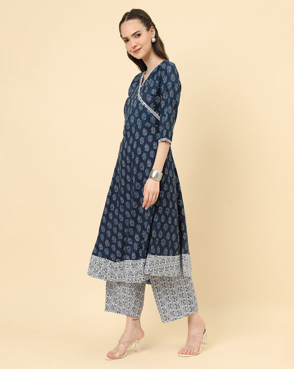 Varanga Women Navy Blue Viscose Rayon Printed Regular Kurta With Trousers & Dupatta - Distacart