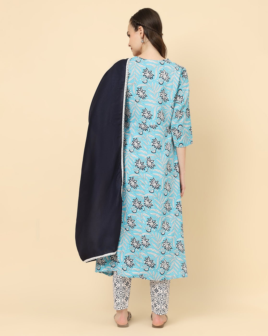 Varanga Women Blue Viscose Rayon Printed Regular Kurta With Trousers & Dupatta - Distacart