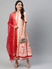 Thumbnail for NOZ2TOZ Peach-Coloured & Red Printed Kurta With Palazzos & Dupatta - Distacart