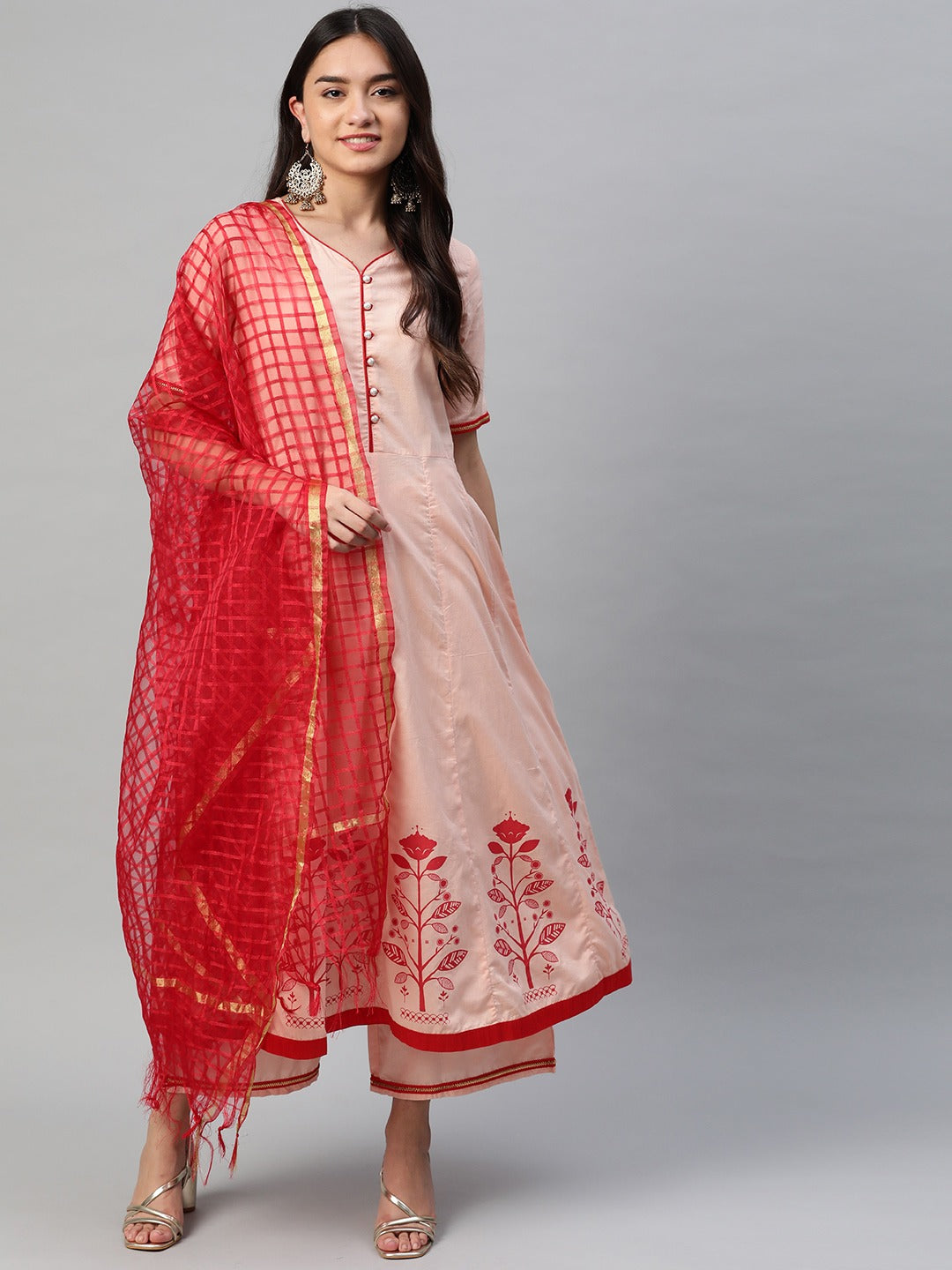 NOZ2TOZ Peach-Coloured & Red Printed Kurta With Palazzos & Dupatta - Distacart