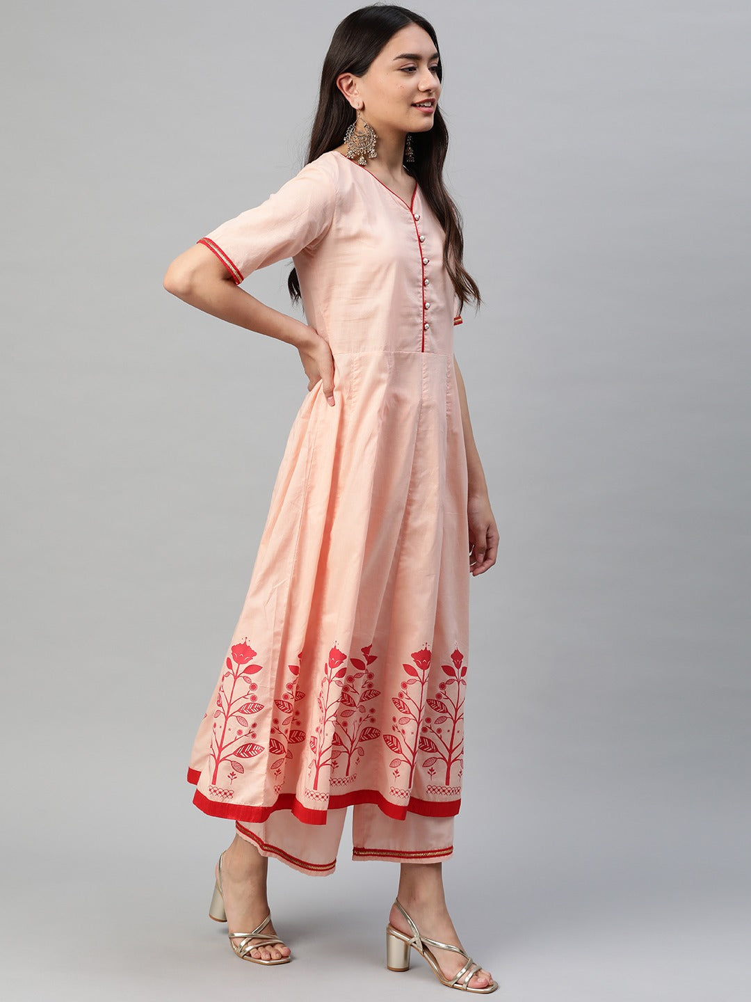 NOZ2TOZ Peach-Coloured & Red Printed Kurta With Palazzos & Dupatta - Distacart