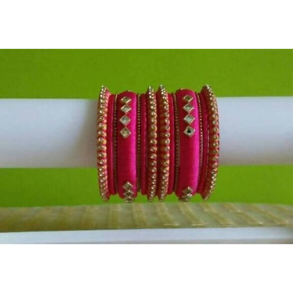 Pink Color with Diamond Shape Stone Silk Threaded Bangles Set of 2 - Distacart