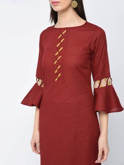 Aniyah Cotton Criss Cross Bell Sleeves Straight Kurta In Maroon (AN-101B)