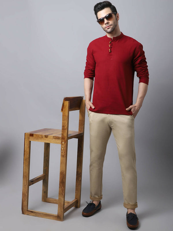 Even Apparels Maroon Pure Cotton Men's Kurta With Band Collar - Distacart