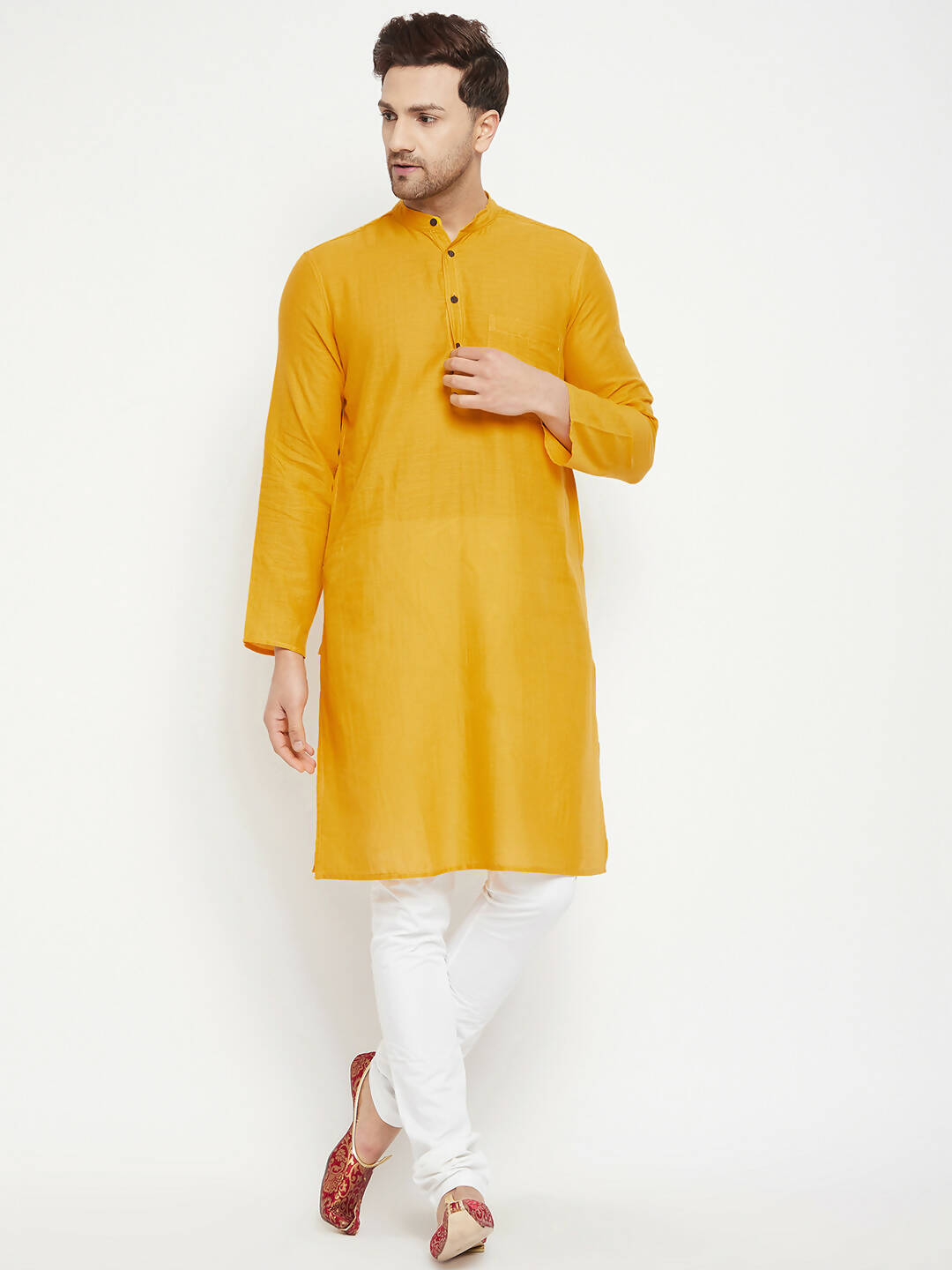 Even Apparels Yellow Pure Cotton Long Men's Kurta With Band Collar - Distacart
