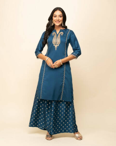 FIORRA Women's Teal Blue Silk Blend Straight Kurta Palazzo Set With Dupatta - Distacart