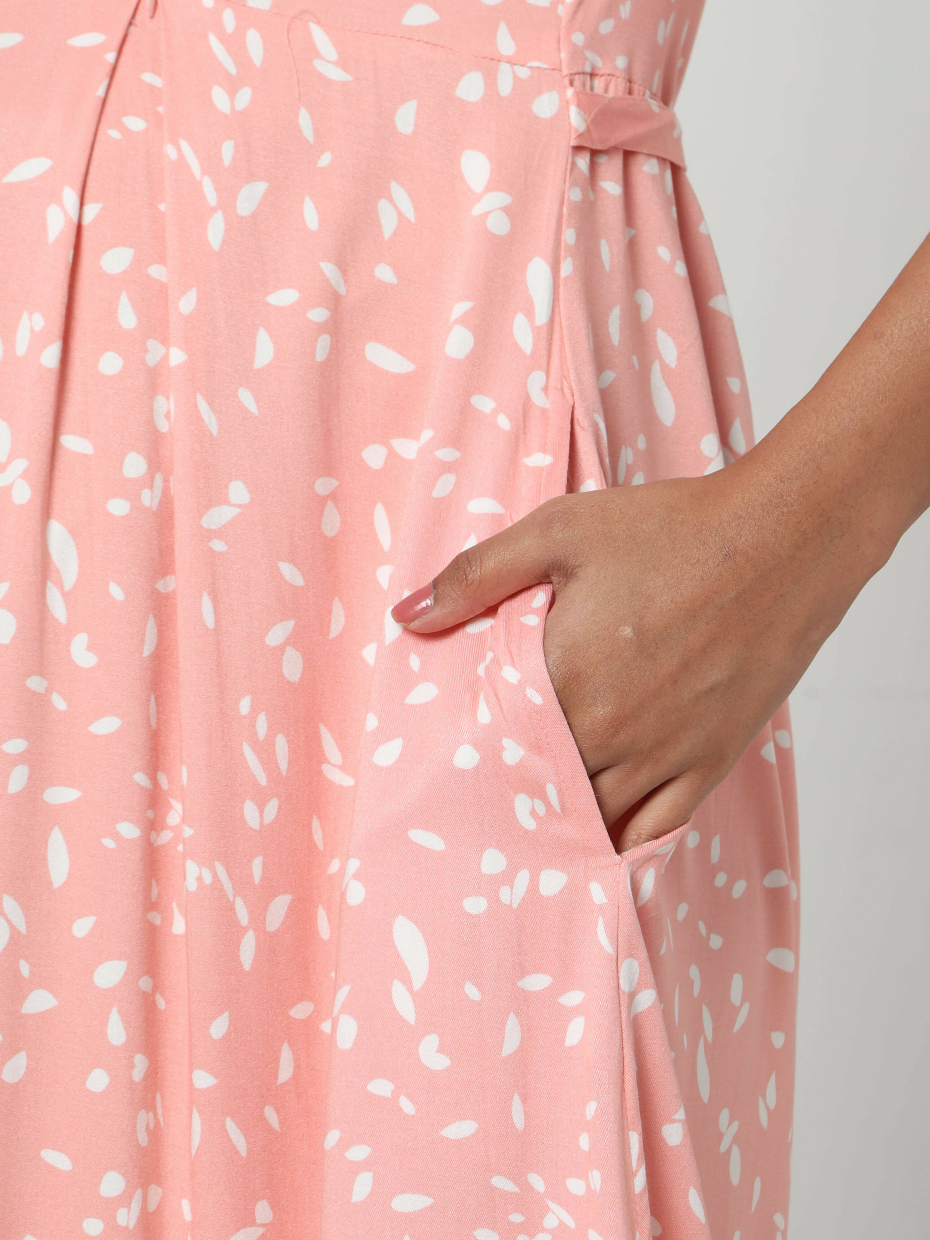 Manet Three Fourth Maternity Dress White Dot Print With Concealed Zipper Nursing Access - Pink - Distacart