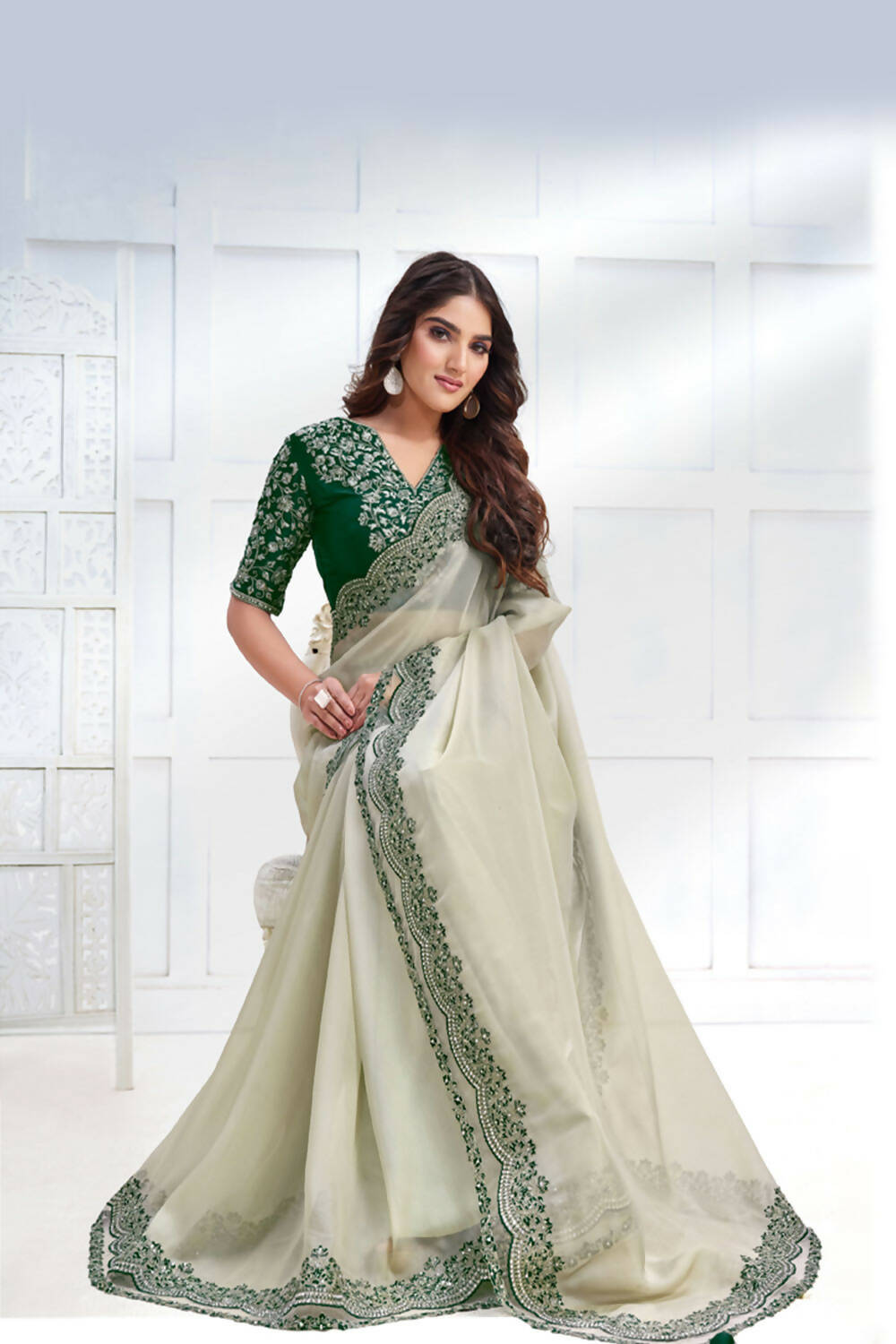 Green Net Organza Georgette Cord & Sequence Embroidered Saree - Mohmanthan Majestica - Distacart