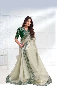Thumbnail for Green Net Organza Georgette Cord & Sequence Embroidered Saree - Mohmanthan Majestica - Distacart