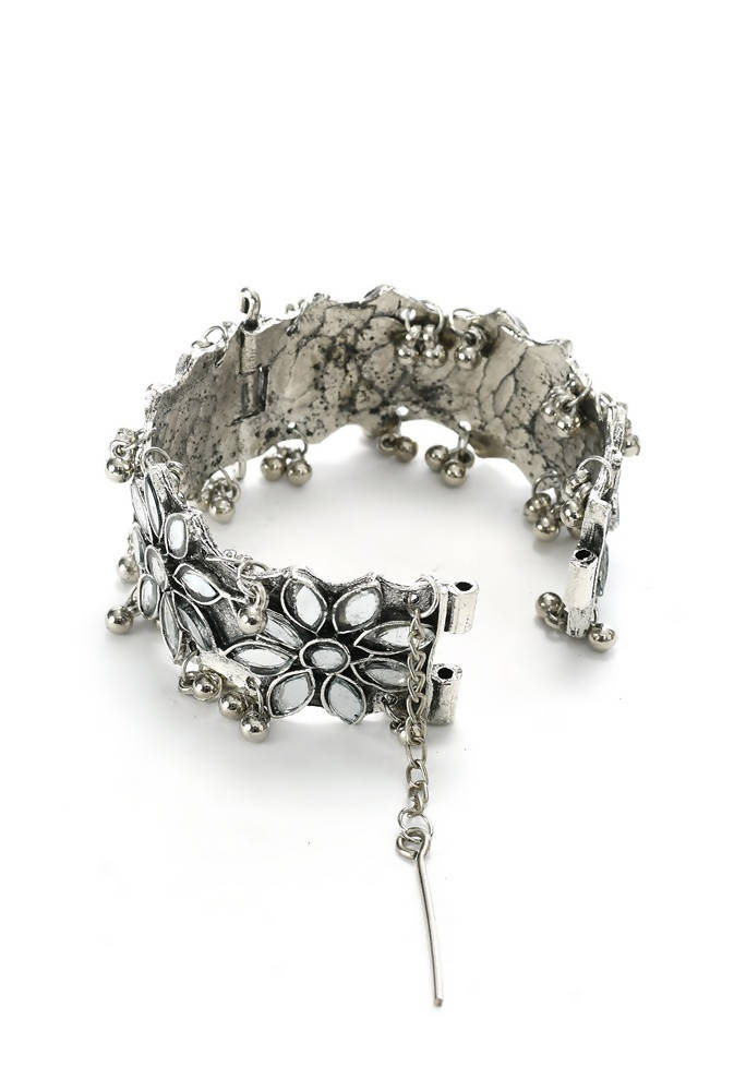 Mominos Fashion Kamal Johar Oxidised Silver-Plated Mirror work Design Bracelet