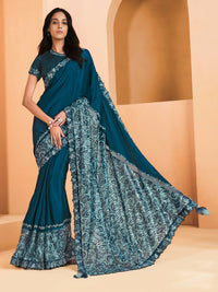 Thumbnail for Teal Satin Crepe Silk Sequence Embroidered Saree With Unstitched Blouse - Mohmanthan Yavanika - Distacart