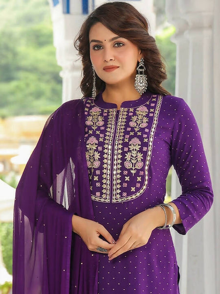 Kalini Floral Embroidered Mandarin Collar Regular Mirror Work Kurta & Trousers & Dupatta - Distacart