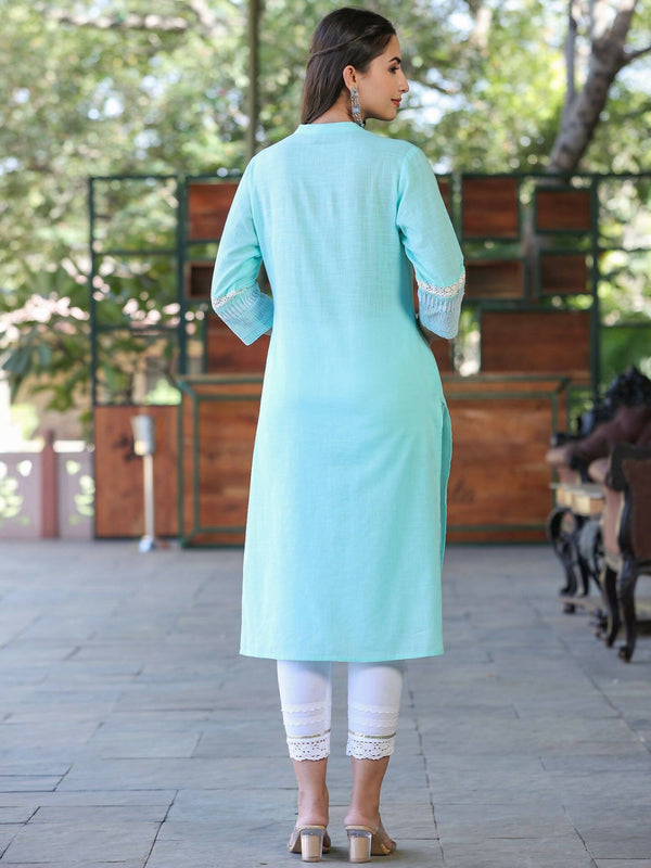 Juniper Women's Seagreen Cotton Slub Embroidered Straight Kurta - Distacart