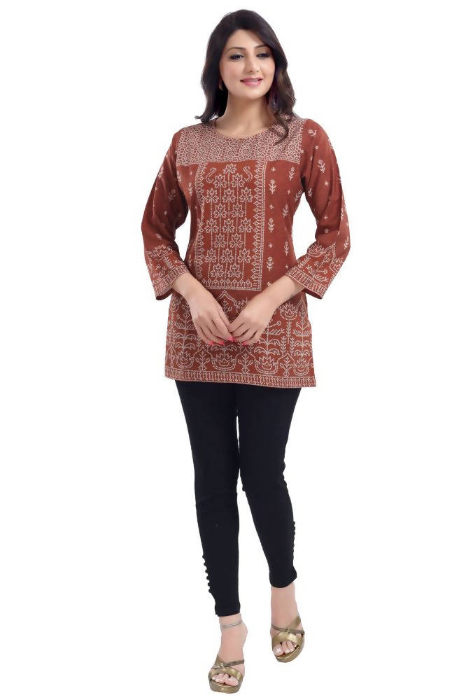 Snehal Creations Rust Faux Crepe Short Kurti Tunic Top