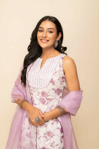 Thumbnail for FIORRA Women's White Cotton A-Line Kurta Pant With Dupatta - Distacart
