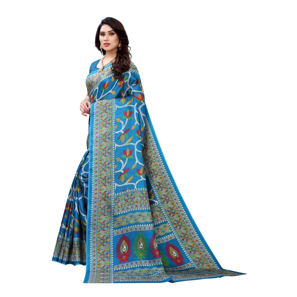Printed Jute Silk Blue Saree blouse