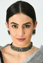 Thumbnail for Mominos Fashion Johar Kamal Statement Silver-Plated Brass Finish Kundan/Pearls Choker For Women (Black) - Distacart