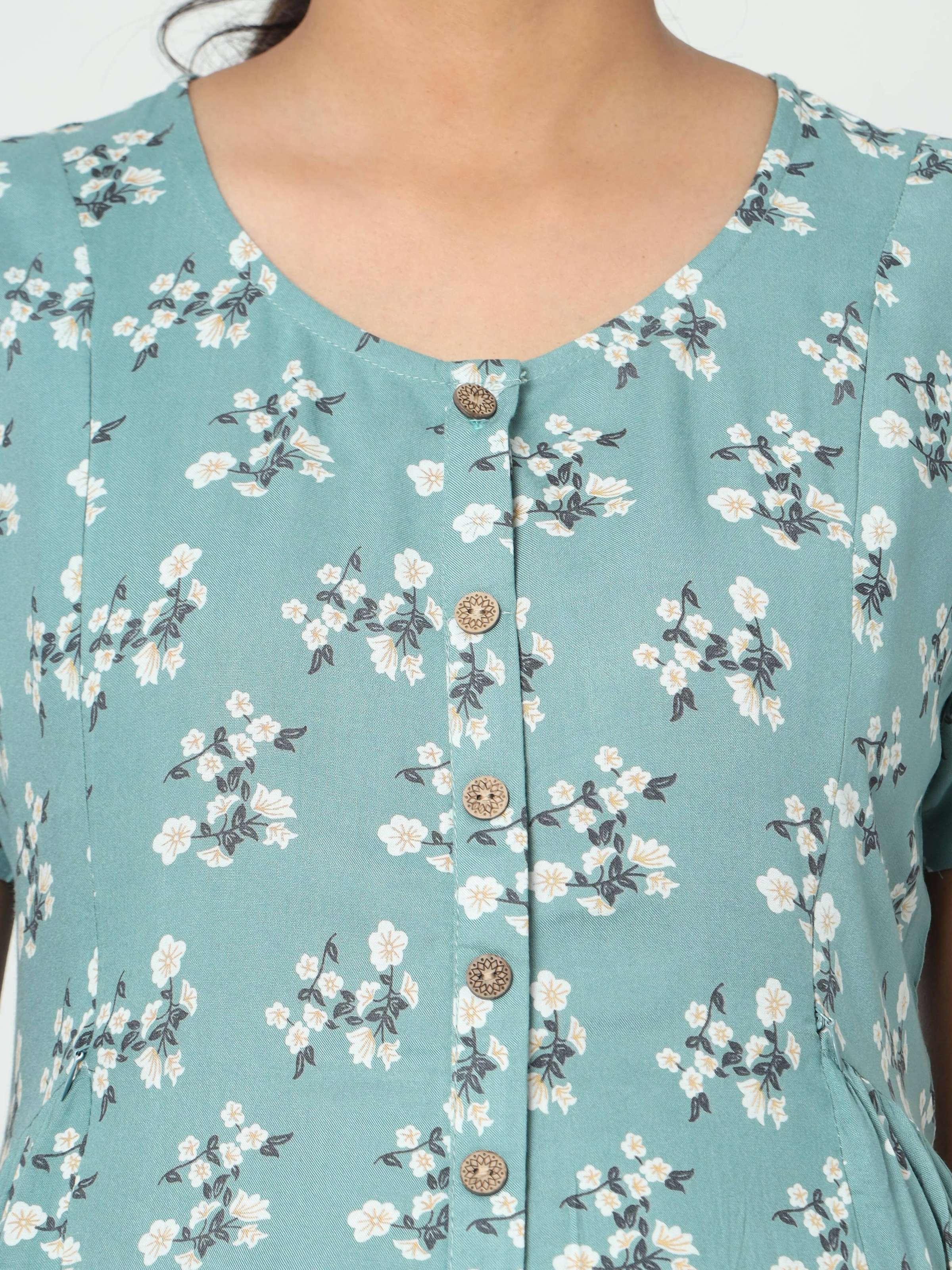 Manet Short Sleeves Maternity Dress Floral Print With Concealed Zipper Nursing Access - Green - Distacart