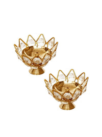 Thumbnail for eCraftIndia Gold-Toned 2 Pieces Crystal Lotus Shape Brass Diyas - Distacart