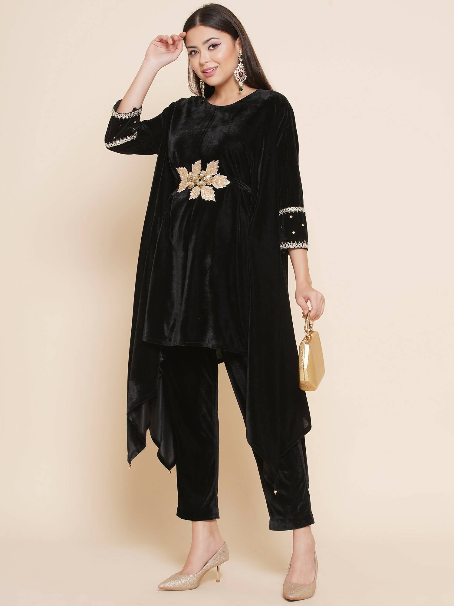 Women Republic Black Velvet Kaftaan Style Kurta With Pants - Distacart