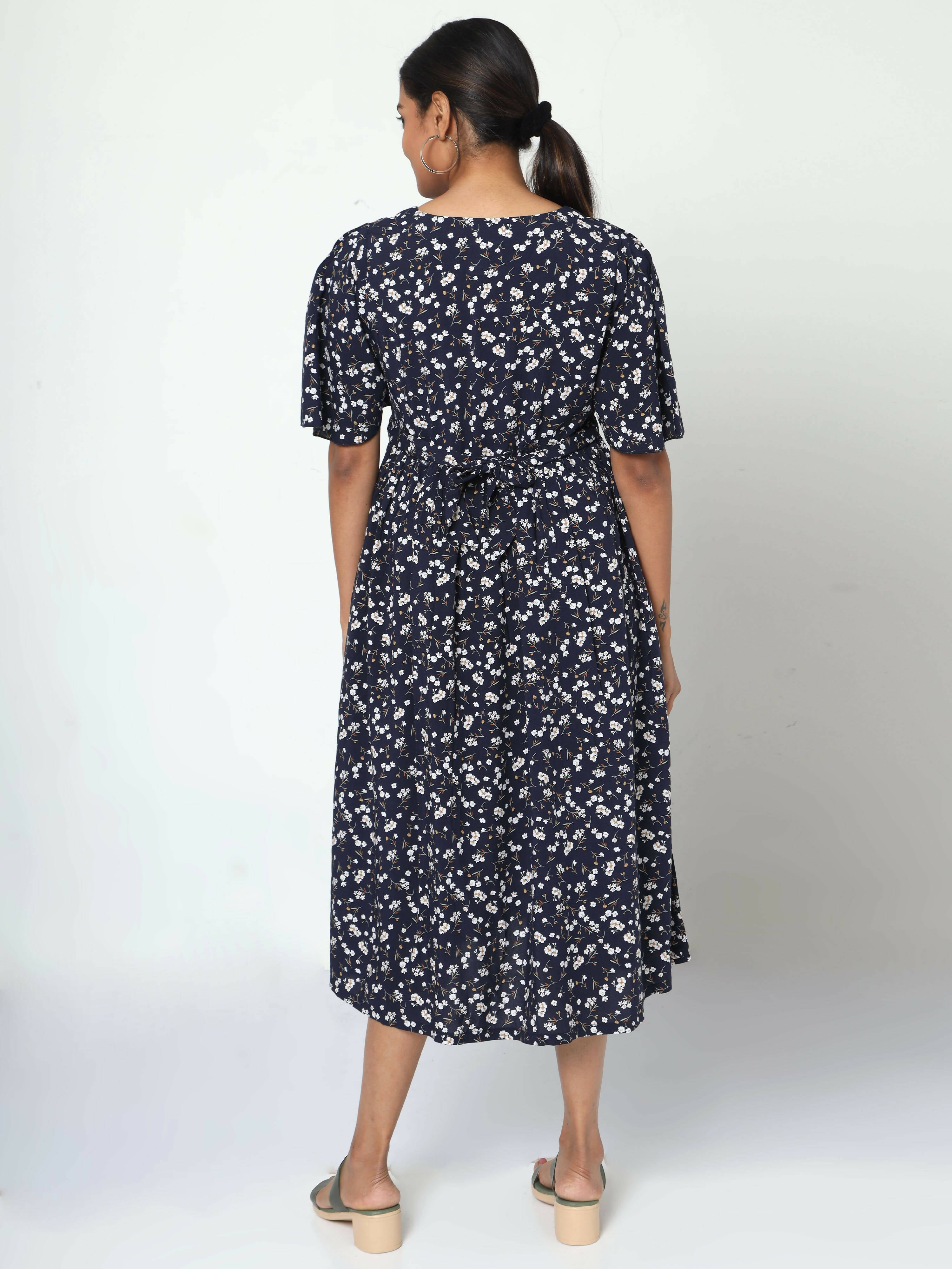 Manet Frill Slevees Maternity Dress Floral Print With Concealed Zipper Nursing Access - Navy - Distacart