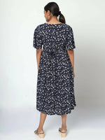 Thumbnail for Manet Frill Slevees Maternity Dress Floral Print With Concealed Zipper Nursing Access - Navy - Distacart