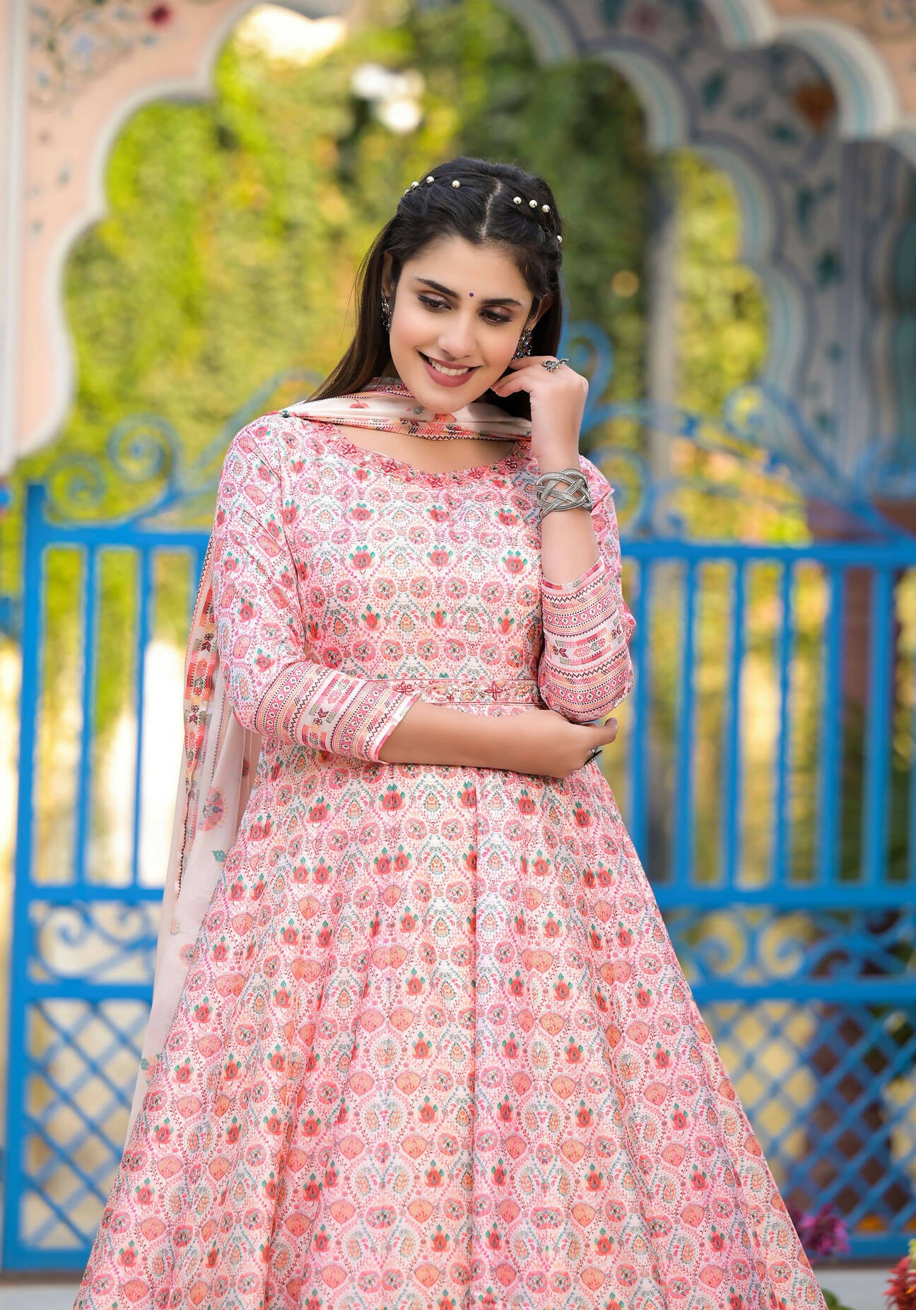 Functional Designer Off White-Light Pink Dola Silk Anarkali suit with Dupatta - Ramya - Distacart