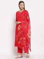 Thumbnail for Myshka Women's Red Cotton Solid 3/4 Sleeve Square Neck Casual Kurta Pant Dupatta Set