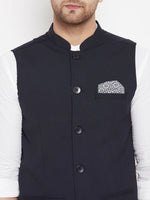 Thumbnail for Even Apparels Navy Merino Men's Nehru Jacket-Contrast Lining-Inbuilt Pocket Square - Distacart
