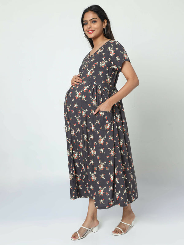 Manet Short Sleeves Maternity Dress Floral Print With Concealed Zipper Nursing Access - Navy Blue - Distacart