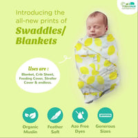 Thumbnail for Kindermum Organic Cotton Muslin Swaddle Blanket 100 Cm X 100 Cm - Set Of 2 - Pista And Lemon - Distacart