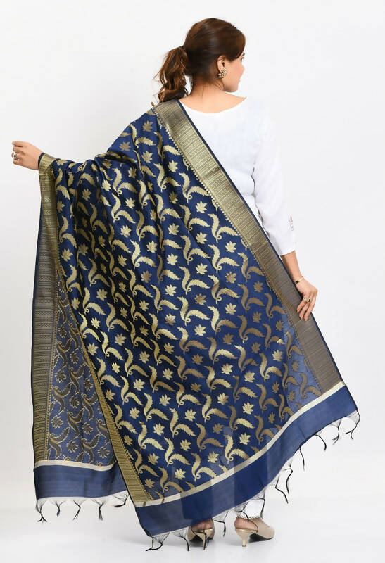 Mominos Fashion Moeza Women's Banarsi Silk Floral Woven Design Navy Blue Dupatta - Distacart