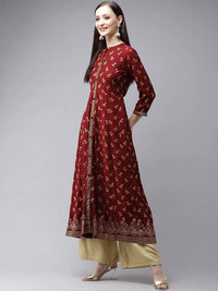 Thumbnail for Yufta Women Maroon & Gold Floral Printed Kurta