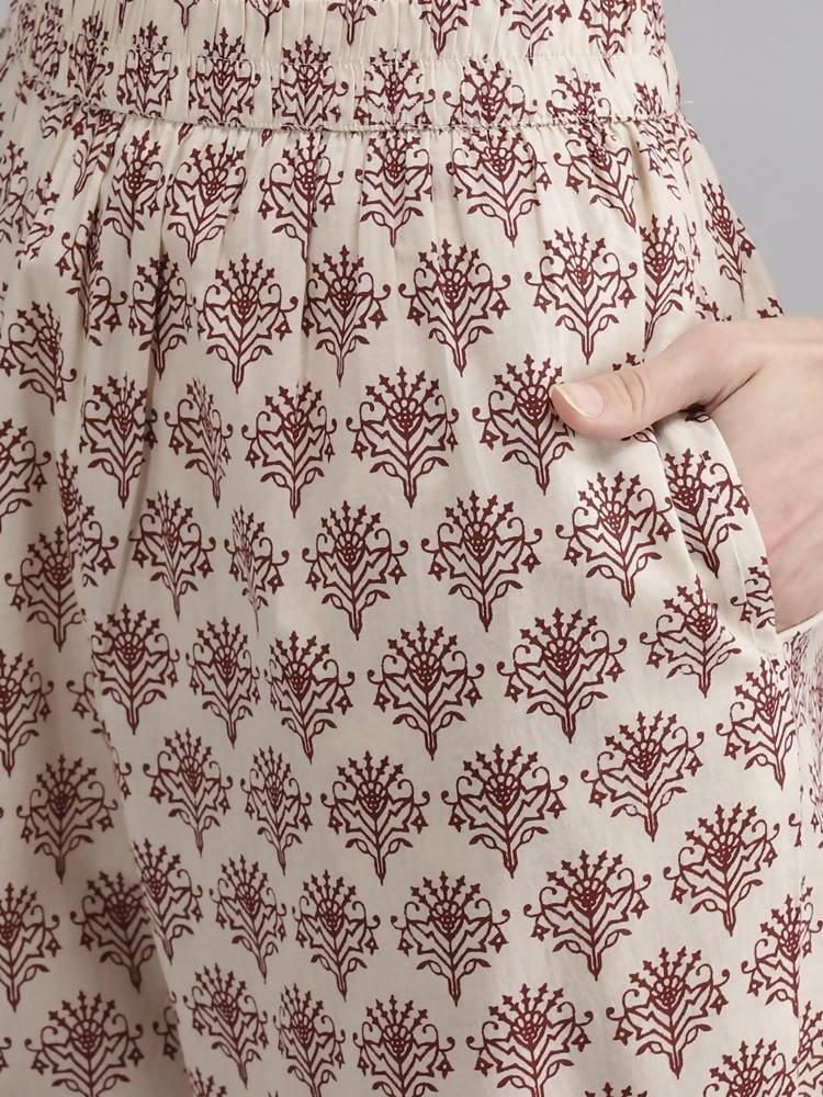 Yufta Women Maroon Floral Printed Regular Thread Work Pure Cotton Kurta with Palazzo & With Dupatta
