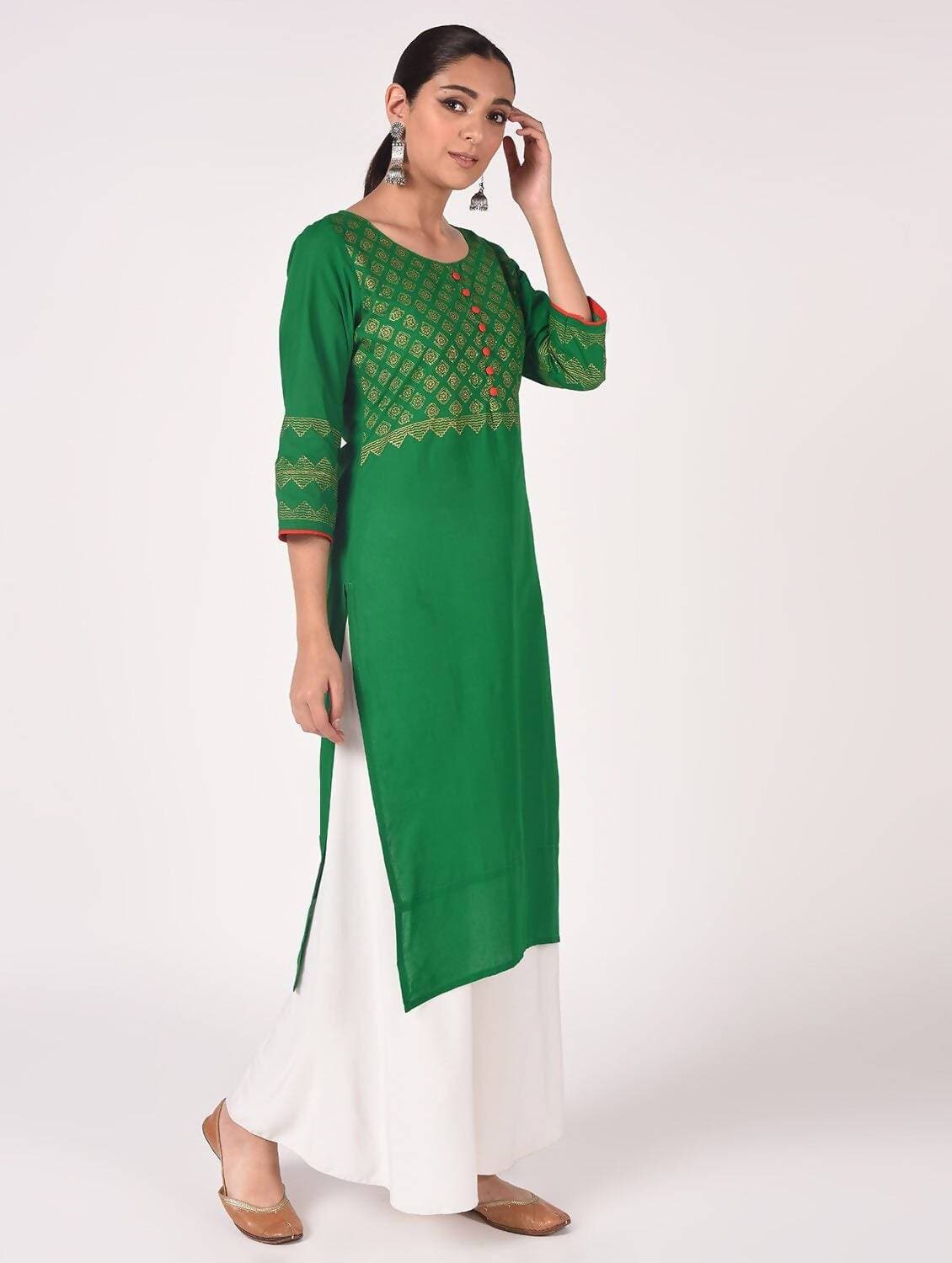 Cheera Hand Block Print Bottle Green Straight Kurta (MAAI-067K)