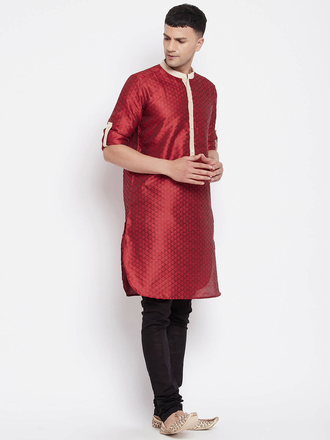 Even Apparels Red Art Silk Men's Kurta With Contrast Collar And Placket - Distacart