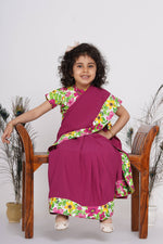 Thumbnail for Little Bansi Floral Print Ready to Wear Saree and Floral Blouse - Magenta - Distacart
