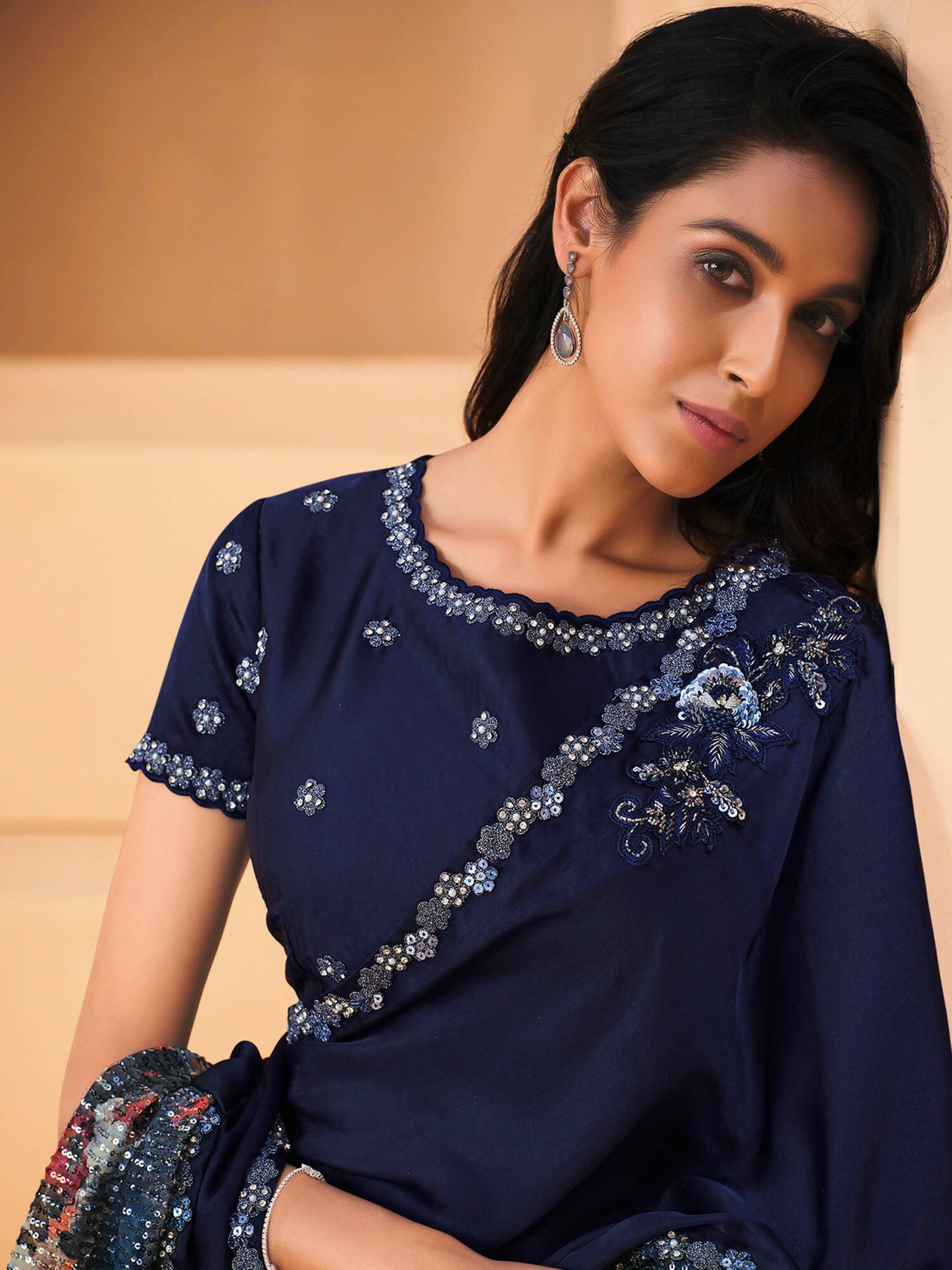 Blue Satin Crepe Silk Sequence Embroidered Saree With Unstitched Blouse - Mohmanthan Yavanika - Distacart