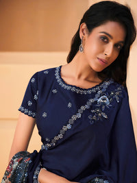 Thumbnail for Blue Satin Crepe Silk Sequence Embroidered Saree With Unstitched Blouse - Mohmanthan Yavanika - Distacart