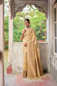 Thumbnail for Vishnu Weaves Women's Cream Handloom Raw Silk Woven Border Saree with Blouse - Distacart