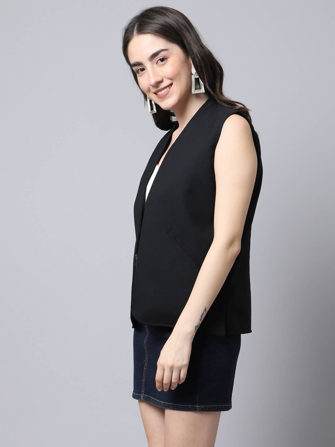 Even Apparels Black Linen Cotton Open Front Women's Waistcoat - Distacart
