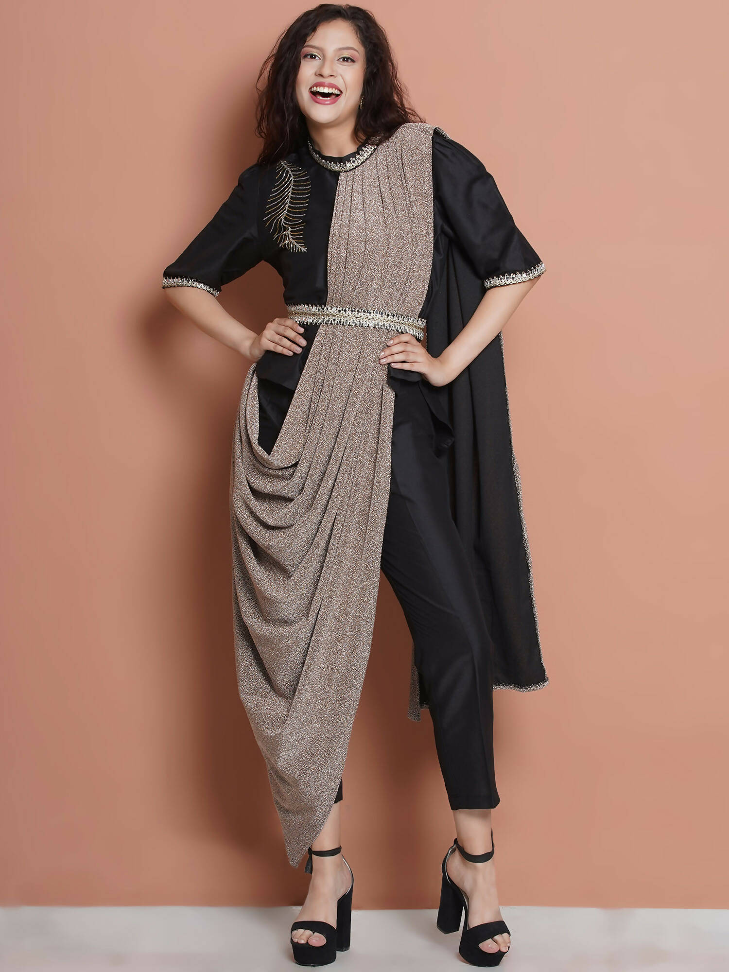 Women Republic Black Cotton Blended Set with Attached Drape - Distacart